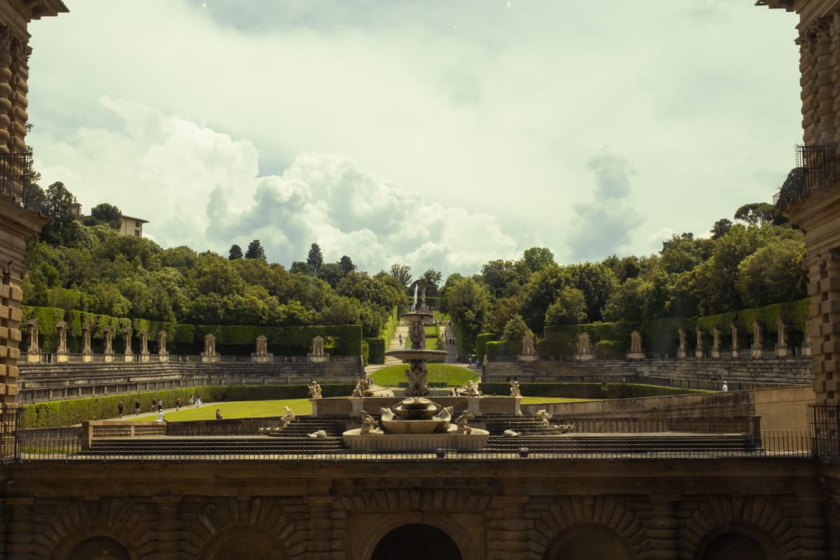 The Boboli Gardens behind Palazzo Pitti — Italianate terraces, cypress avenues and fountains above Florence